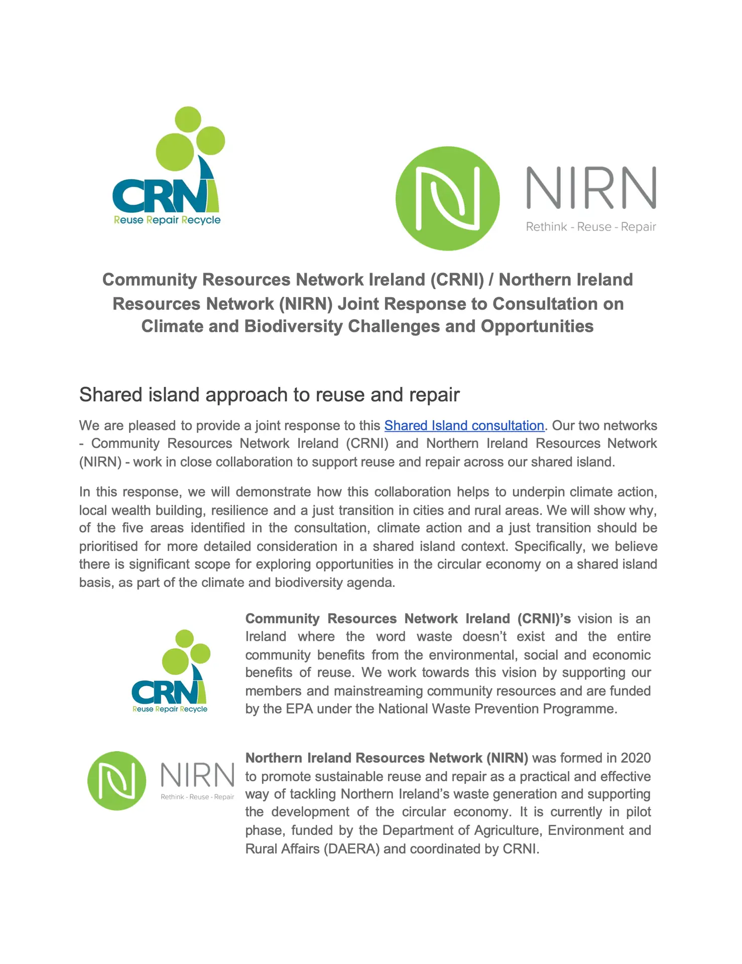 Community Resources Network Ireland (CRNI) / Northern Ireland Resources Network (NIRN) Joint Response to Consultation on Climate and Biodiversity Challenges and Opportunities