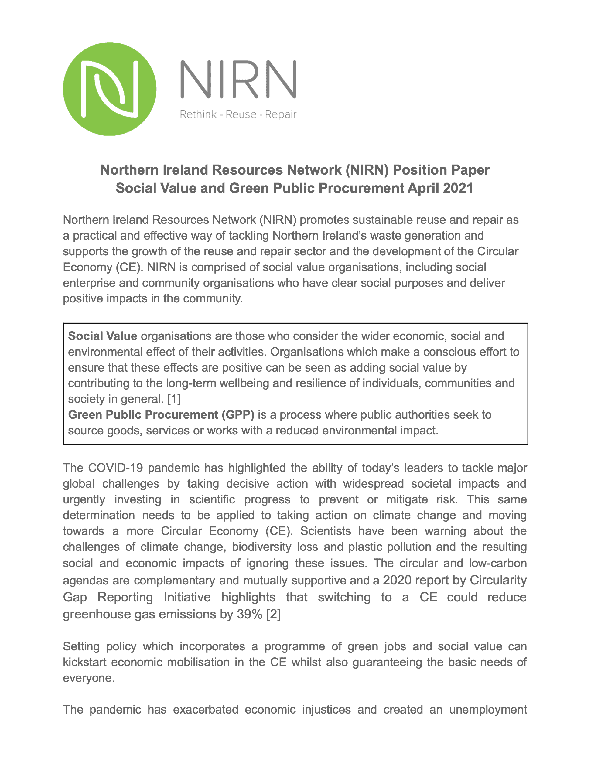 NIRN Social Value Cover