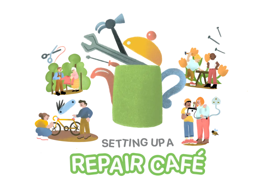 This illustration is a warm and inclusive graphic titled "SETTING UP A REPAIR CAFÉ." It uses a soft, textured art style with a muted color palette to promote community collaboration and sustainability. Central Focal Point The center of the image features a large, vibrant green teapot. Instead of tea, a variety of oversized tools emerge from its open lid, including a hammer, a wrench, and a screwdriver. This visual metaphor combines the social aspect of a "café" with the practical nature of "repair." Four Corner Vignettes Surrounding the teapot are four small scenes showing people working together to fix different types of items: Top Left (Textiles): Two people stand near green bushes, examining a piece of pink clothing. A pair of scissors floats above them, signifying sewing and garment repair. Top Right (Woodwork/Furniture): Two people work at a wooden bench. One person is using a hammer while the other observes, representing carpentry or furniture restoration. Bottom Left (Bicycles): Two people are crouched next to a bicycle. A multi-tool icon floats above them, indicating mechanical repair. Bottom Right (Electronics): Two people look at a handheld electronic device (possibly a tablet or phone) connected to a plug. A small bumblebee flies nearby, and a floating plug icon signifies electrical repair. Typography and Style Text: At the bottom, the words "SETTING UP A" appear in simple grey capital letters. Below that, "REPAIR CAFÉ" is written in a large, bubbly green font with a white outline. Atmosphere: The characters are diverse and shown in helpful, side-by-side poses, emphasizing a friendly, non-judgmental environment where skills are shared.