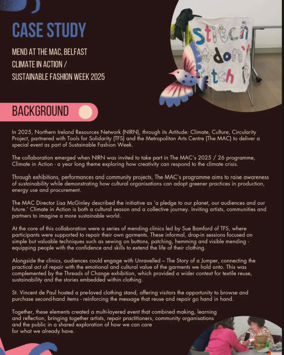 TEXTILE UPCYCLING WORKSHOPS SATURDAY 30TH MAY REPAIR & SHARE FOYLE’S 4TH BIRTHDAY PARTY THE GRAND HALL, MAGEE 10AM TO 1PM DROP BY AND LEARN A NEW SKILL! (4)